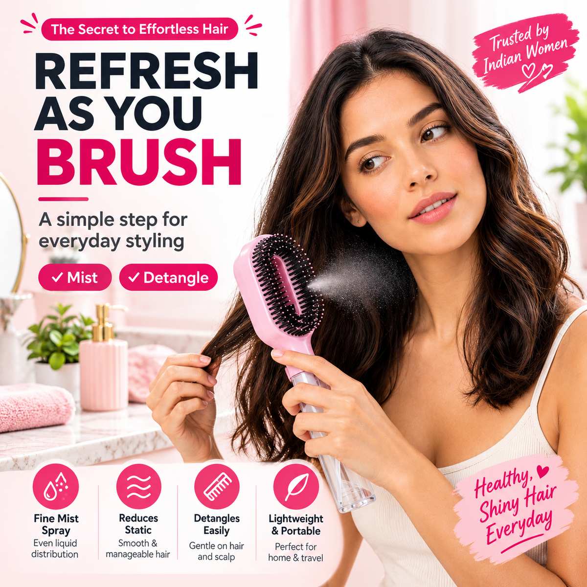 2-in-1 Water Spray Comb Detangling Brush with Built-In Mist Bottle