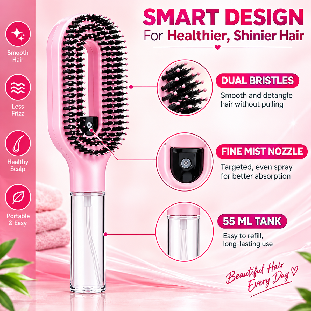 2-in-1 Water Spray Comb Detangling Brush with Built-In Mist Bottle